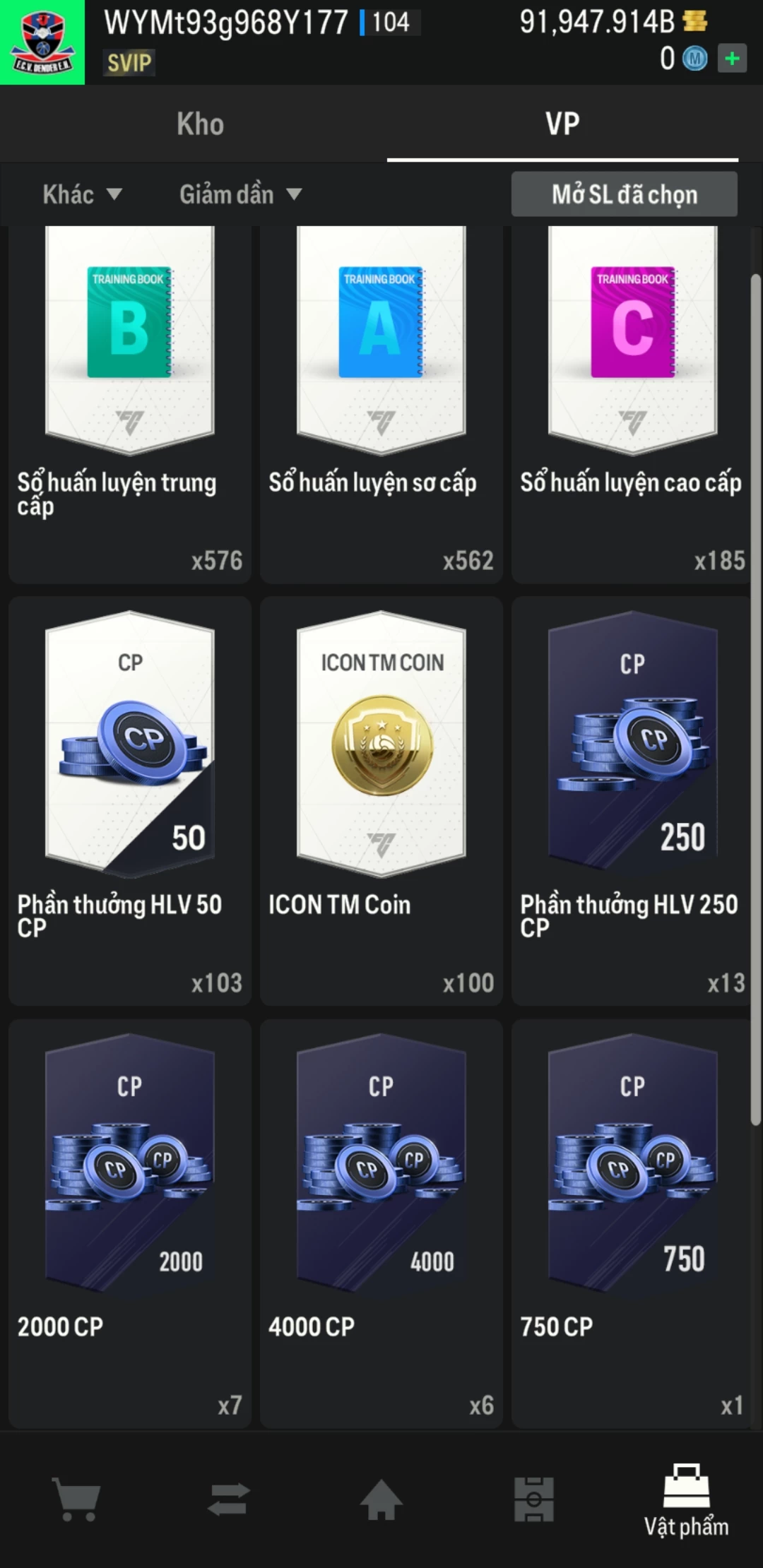 Ảnh ACC mở thẻ (LOẠI SUPER VIP) bao gồm có hơn 900+ đến 1100+ thẻ cầu thủ từ Siêu sao đến Miền núi các loại (ngẫu nhiên có: 01 thẻ +12 và 03 thẻ PRIME QH, XS, CP...) Acc có sẵn BP trắng từ 80.000 tỷ BP đến 120.000 tỷ BP kèm theo nhiều ngày SVIP